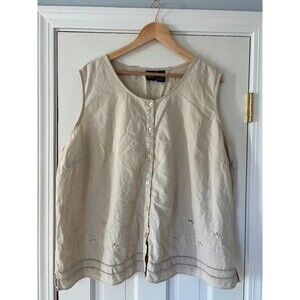 Vintage 90s Y2K Basic Editions Linen Blend Embroidered Floral Sleeveless Top 3X